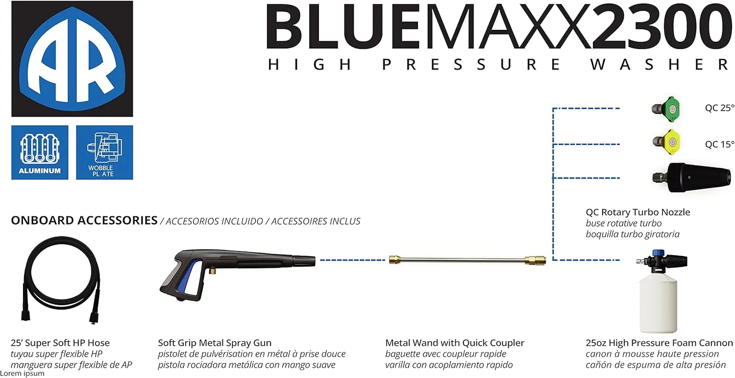 AR Blue Clean Maxx, BM2300 Electric Pressure Washer-2300 PSI, 1.5 GPM, 13 Amps Quick Connect Accessories, 2 in 1 Detachable Cart, On Board Storage, Portable Pressure Washer, High Pressure