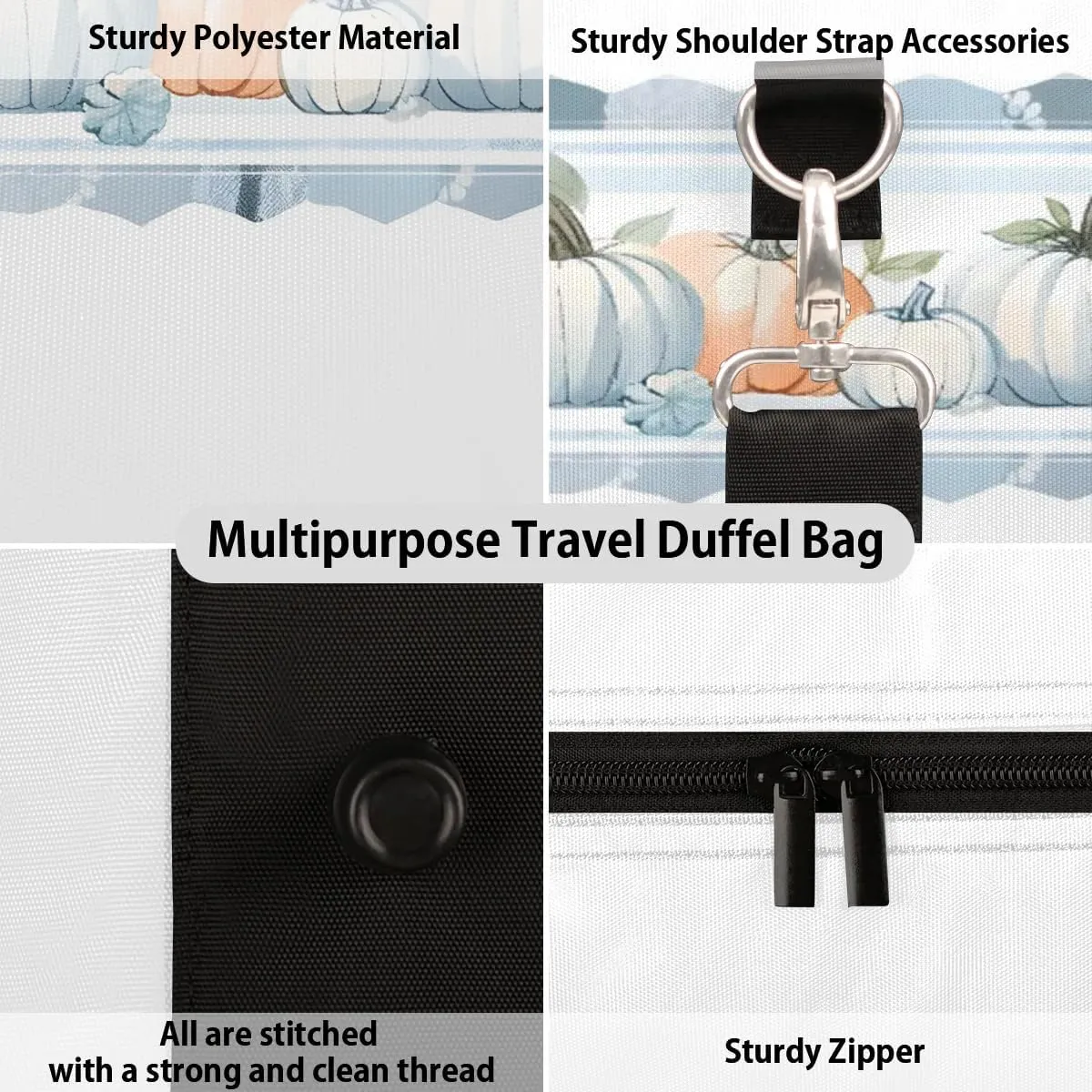 Autumn Harvest White Pumpkin Travel Duffel Bag for Women Men Waterproof Foldable Overnight Weekender Bag Large Capacity Sports Gym Bag