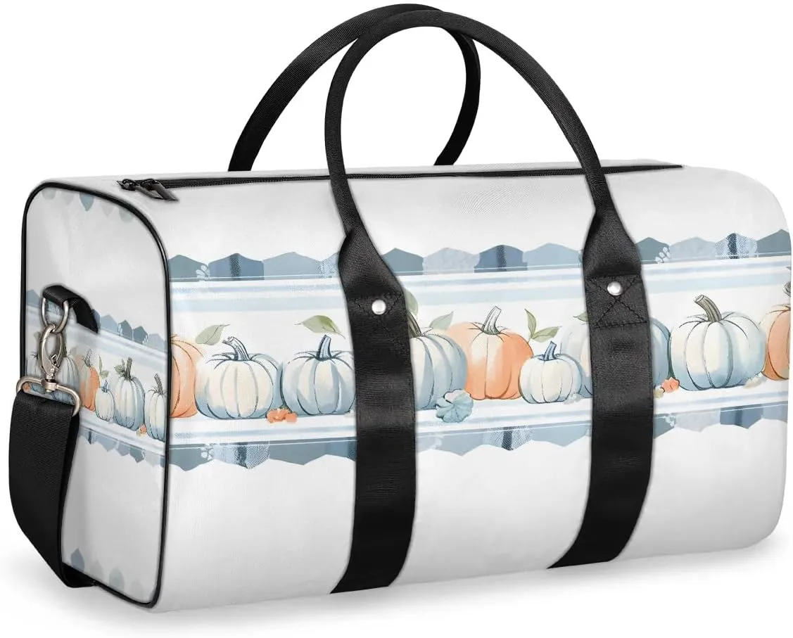 Autumn Harvest White Pumpkin Travel Duffel Bag for Women Men Waterproof Foldable Overnight Weekender Bag Large Capacity Sports Gym Bag