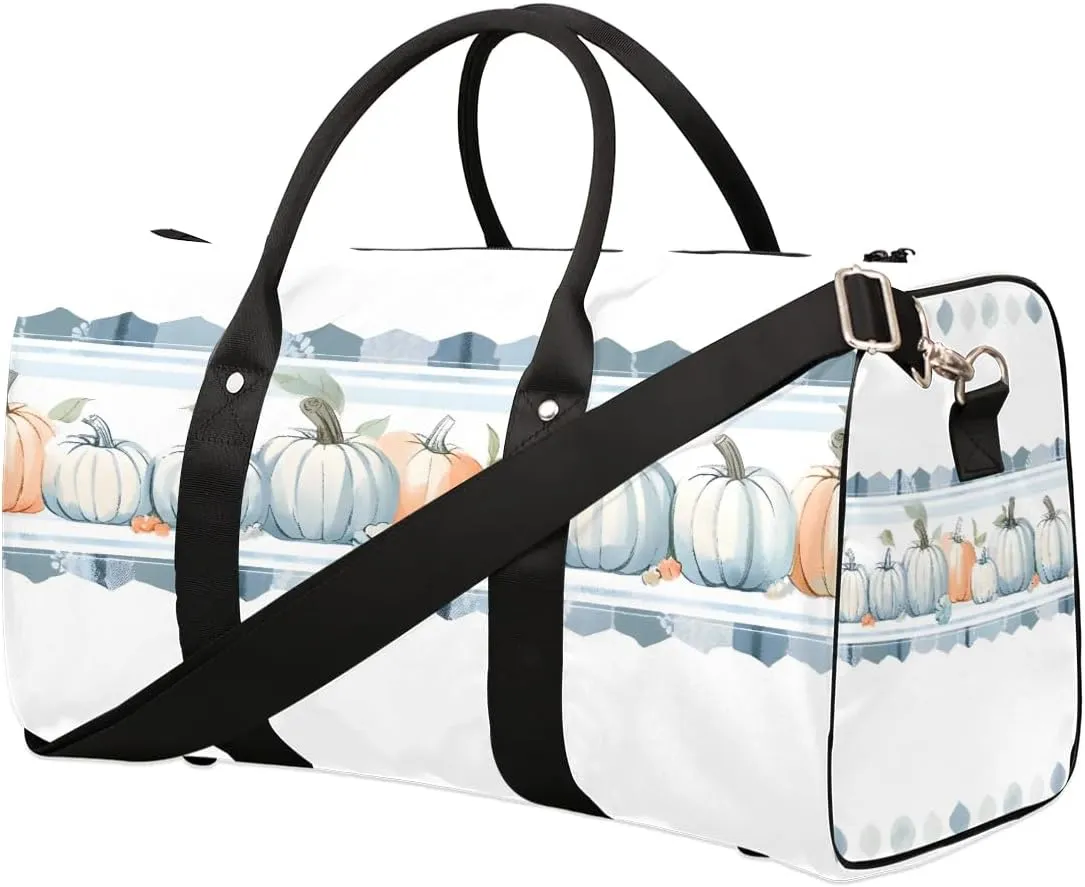 Autumn Harvest White Pumpkin Travel Duffel Bag for Women Men Waterproof Foldable Overnight Weekender Bag Large Capacity Sports Gym Bag