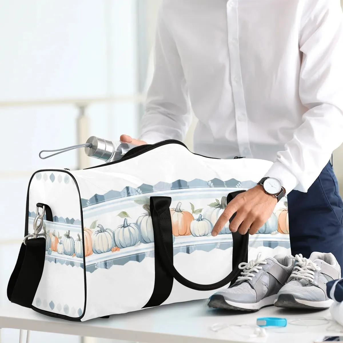 Autumn Harvest White Pumpkin Travel Duffel Bag for Women Men Waterproof Foldable Overnight Weekender Bag Large Capacity Sports Gym Bag