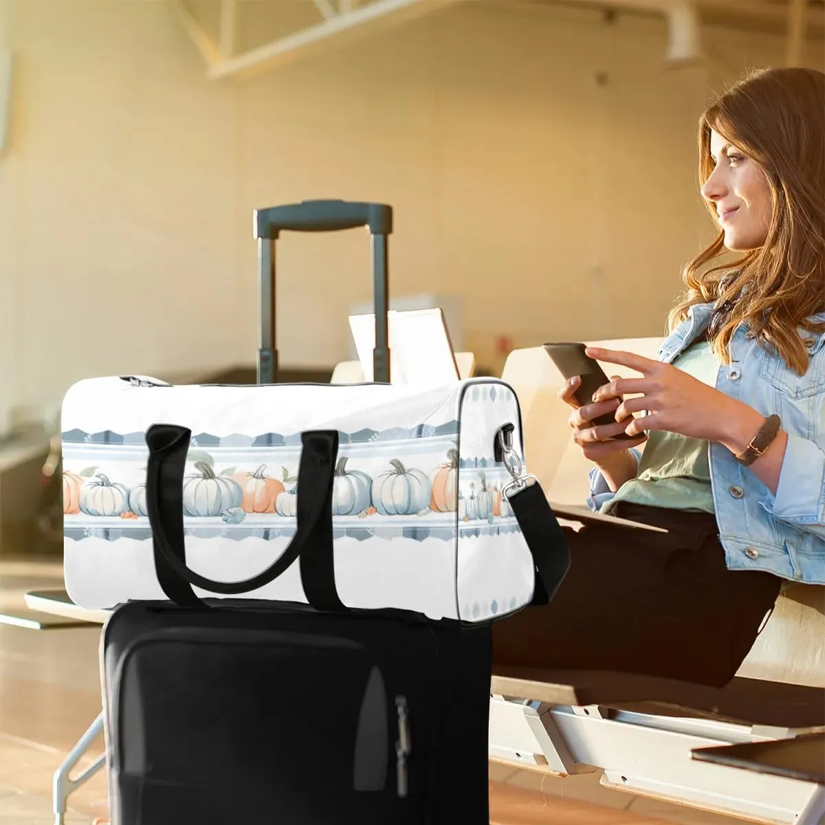 Autumn Harvest White Pumpkin Travel Duffel Bag for Women Men Waterproof Foldable Overnight Weekender Bag Large Capacity Sports Gym Bag