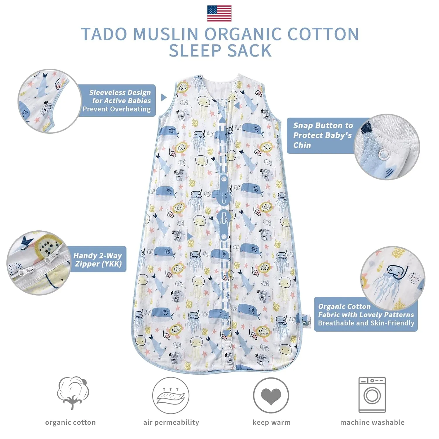 Baby Sleep Sack 1-2 T Baby Wearable Blanket 100% Organic Cotton 0.5 TOG Muslin Toddler Sleeping Sacks 2- Way Zipper Warm 12-24 Months