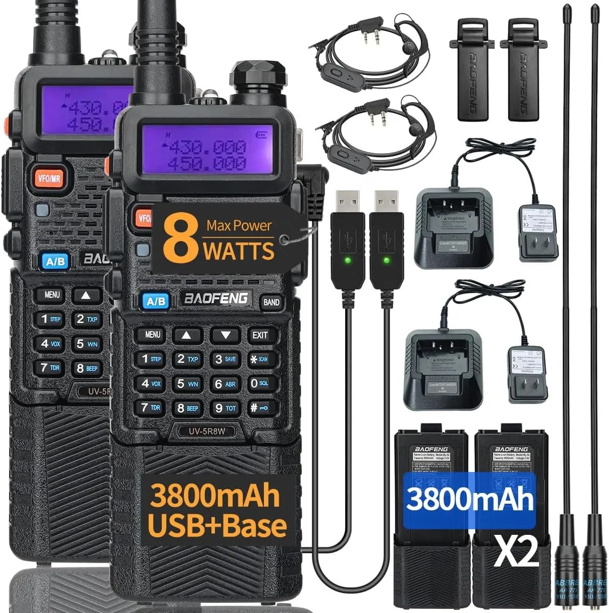 BAOFENG UV-5R Ham Radio 8W Long Range UV5R Dual Band Handheld Rechargeable Walkie Talkies Two Way Radio Portable Radio Full Kit,2Pack (A)