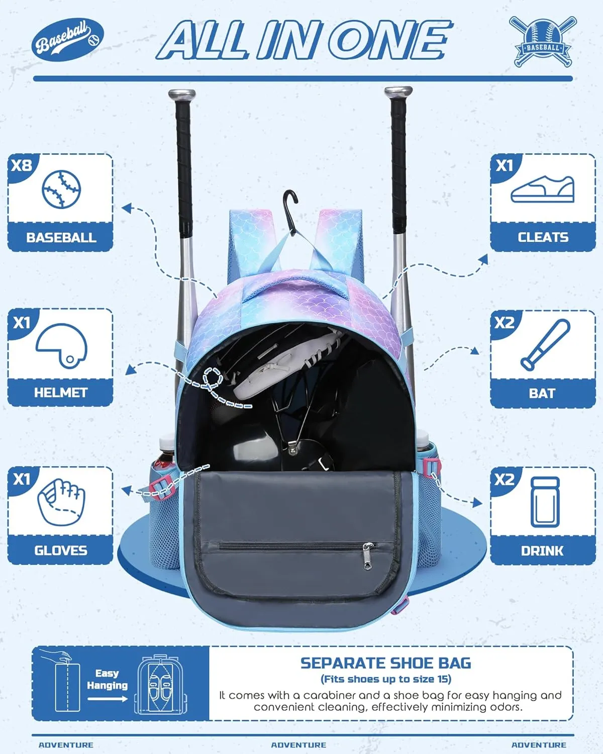 Baseball Softball Backpack for Kids Boys Girls 6-8 8-12 12-14 Large Youth Bat Bag for Gear Storage Baseball Softball Tball Equipment Back Pack with Separate Shoe Bag