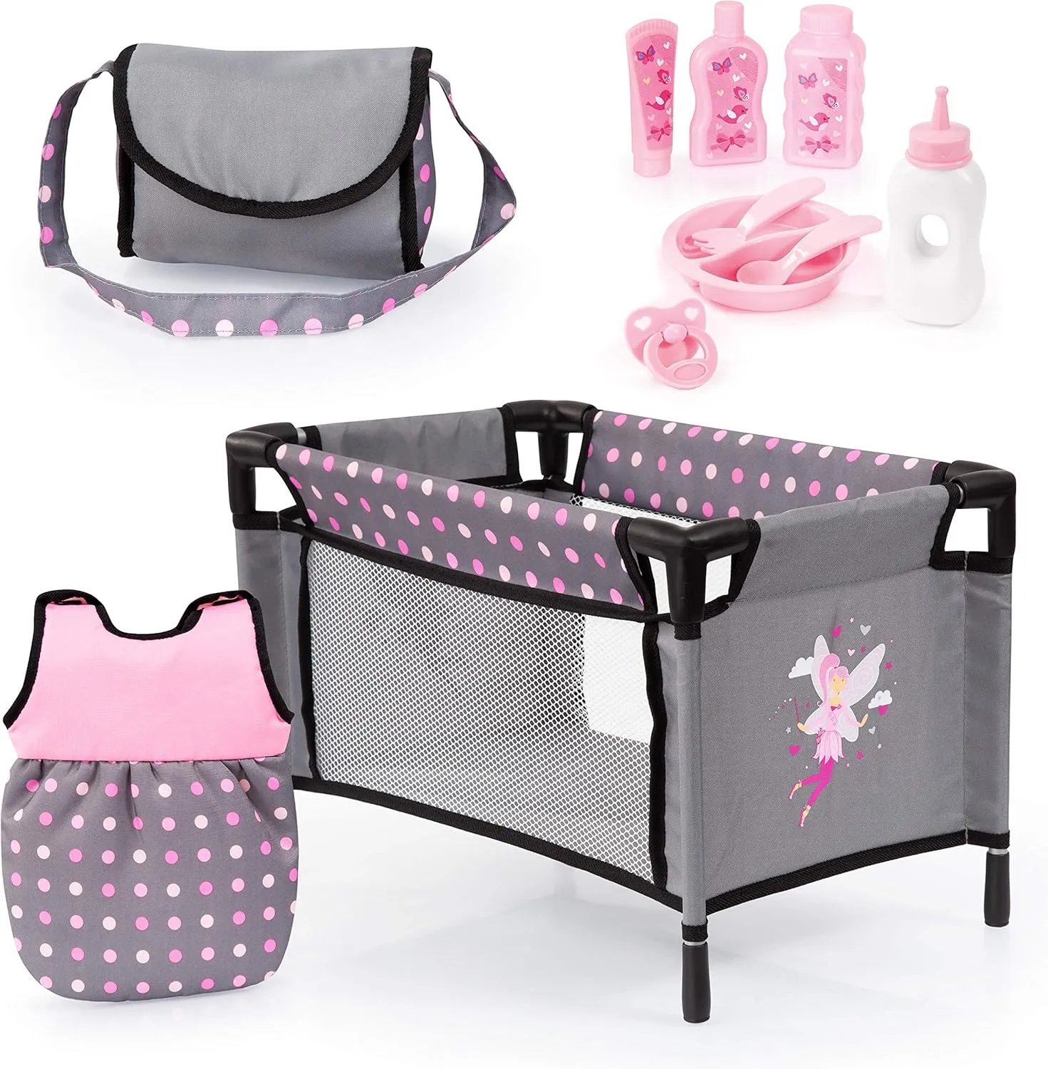 Bayer Design: Baby Doll Travel Bed and Accessories Set, Variety of Accessories, Travelbed Fits Dolls up to 42 CM Long, For Ages 3 and up,Pink