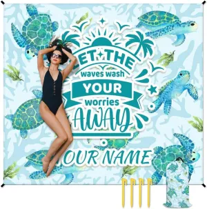 Beach Blanket Sandproof - 87x79 Inches Waterproof Outdoor Blanket - Custom Blue Picnic Camping Mat for Outdoors - Beach Gear with Stakes & Sand Pocket