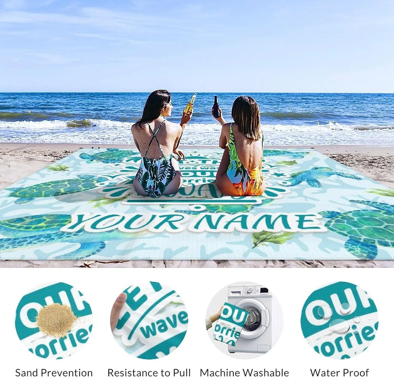 Beach Blanket Sandproof - 87x79 Inches Waterproof Outdoor Blanket - Custom Blue Picnic Camping Mat for Outdoors - Beach Gear with Stakes & Sand Pocket