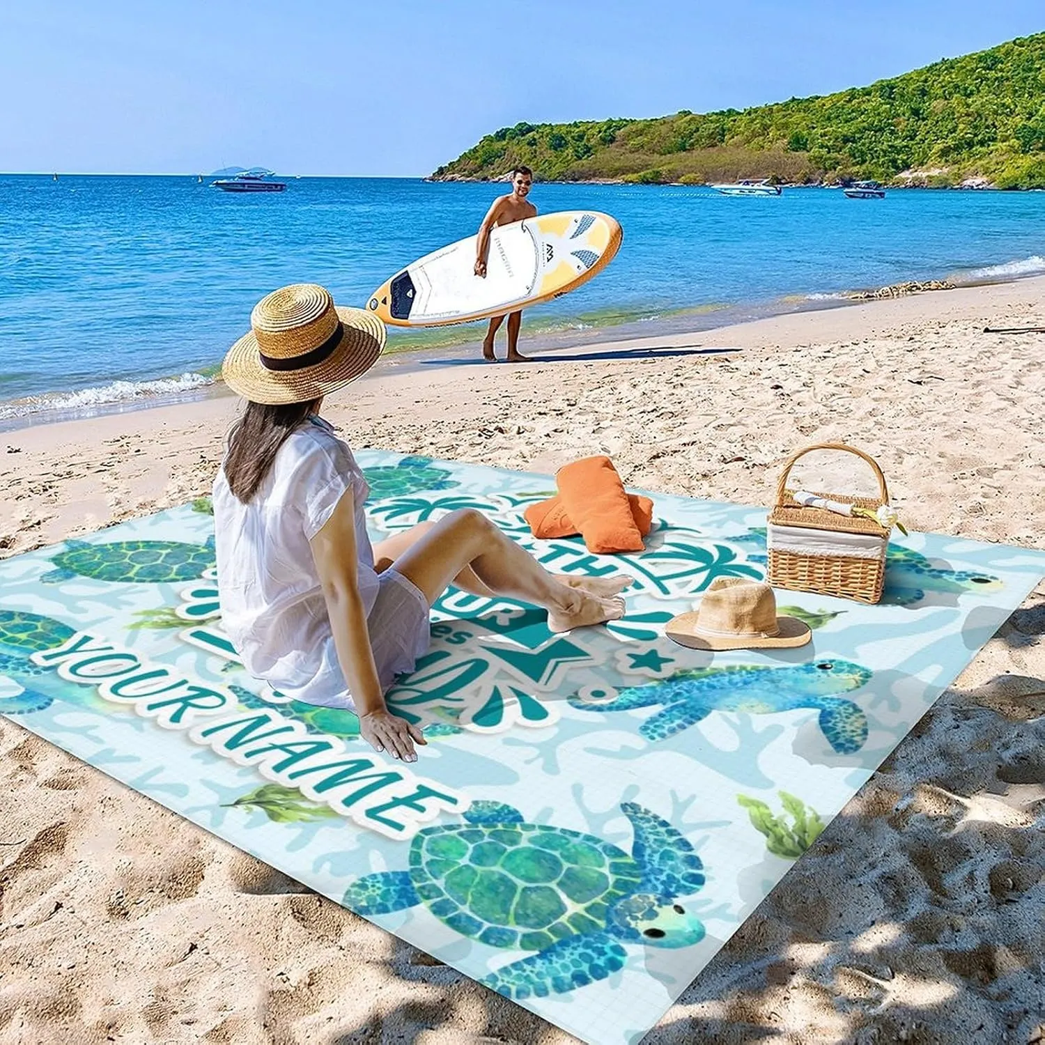 Beach Blanket Sandproof - 87x79 Inches Waterproof Outdoor Blanket - Custom Blue Picnic Camping Mat for Outdoors - Beach Gear with Stakes & Sand Pocket