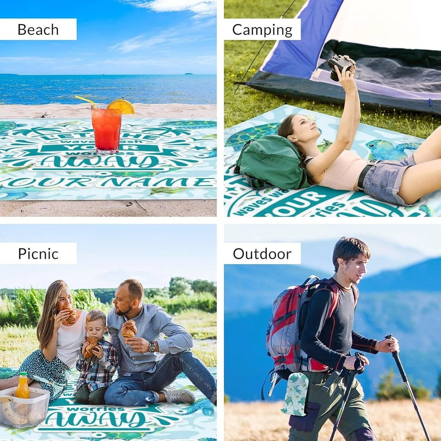 Beach Blanket Sandproof - 87x79 Inches Waterproof Outdoor Blanket - Custom Blue Picnic Camping Mat for Outdoors - Beach Gear with Stakes & Sand Pocket