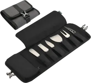 Beautyflier Cheese Knives Roll Bag, Mini Cheese Knife Set Roll Case - 6 Knife Slots and a Zipper Pocket, Canvas Chef Knife Roll Bag for Travel Party and Holiday Cheese Serving, Gray (Bag Only)
