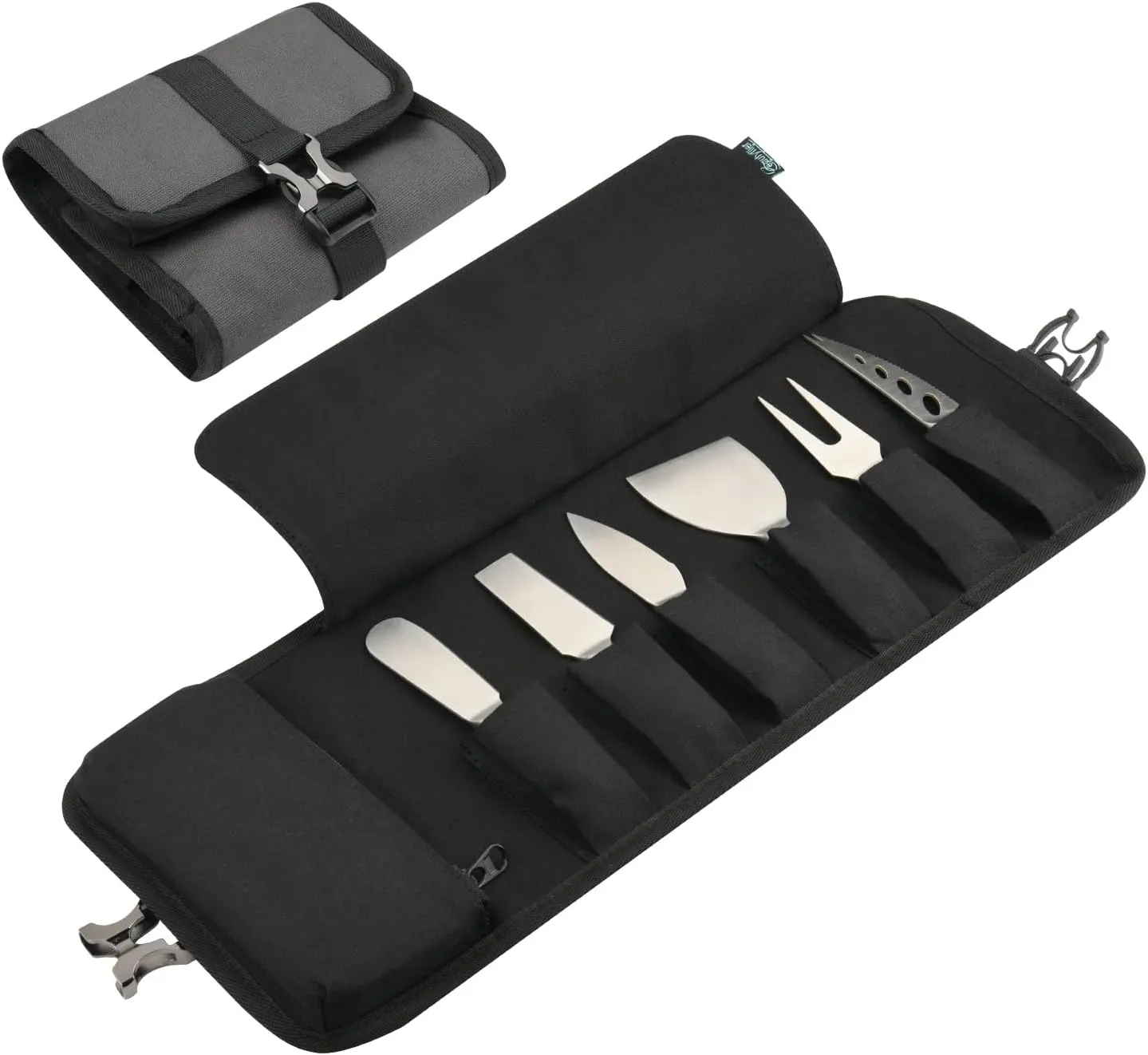 Beautyflier Cheese Knives Roll Bag, Mini Cheese Knife Set Roll Case - 6 Knife Slots and a Zipper Pocket, Canvas Chef Knife Roll Bag for Travel Party and Holiday Cheese Serving, Gray (Bag Only)