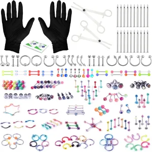 BodyJ4You 156PC Body Piercing Kit - 14G 16G 18G 20G - Belly Ring Nose Septum Tragus Ear Cartilage Industrial - Horseshoe Ring Hoop Barbell Stud Spike - Random Mix Jewelry