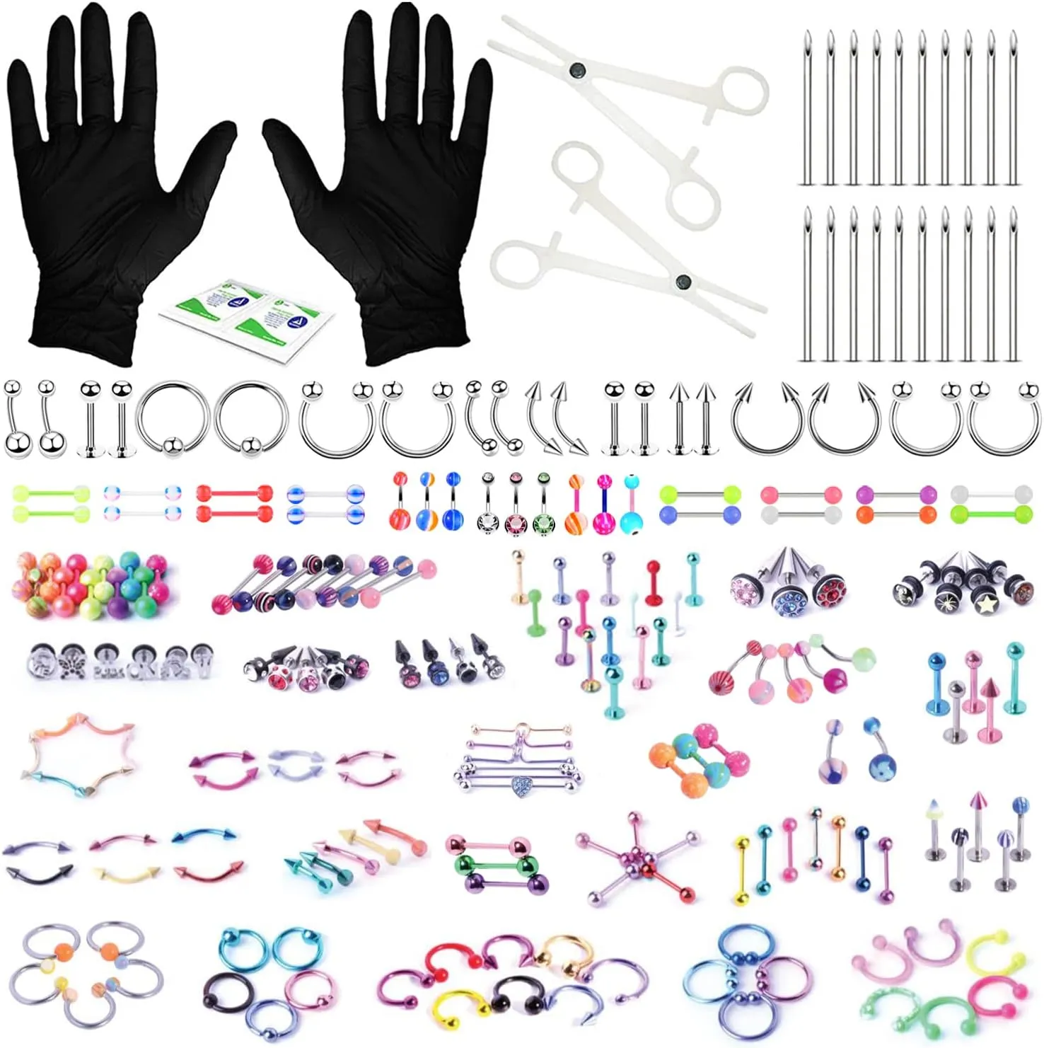 BodyJ4You 156PC Body Piercing Kit - 14G 16G 18G 20G - Belly Ring Nose Septum Tragus Ear Cartilage Industrial - Horseshoe Ring Hoop Barbell Stud Spike - Random Mix Jewelry