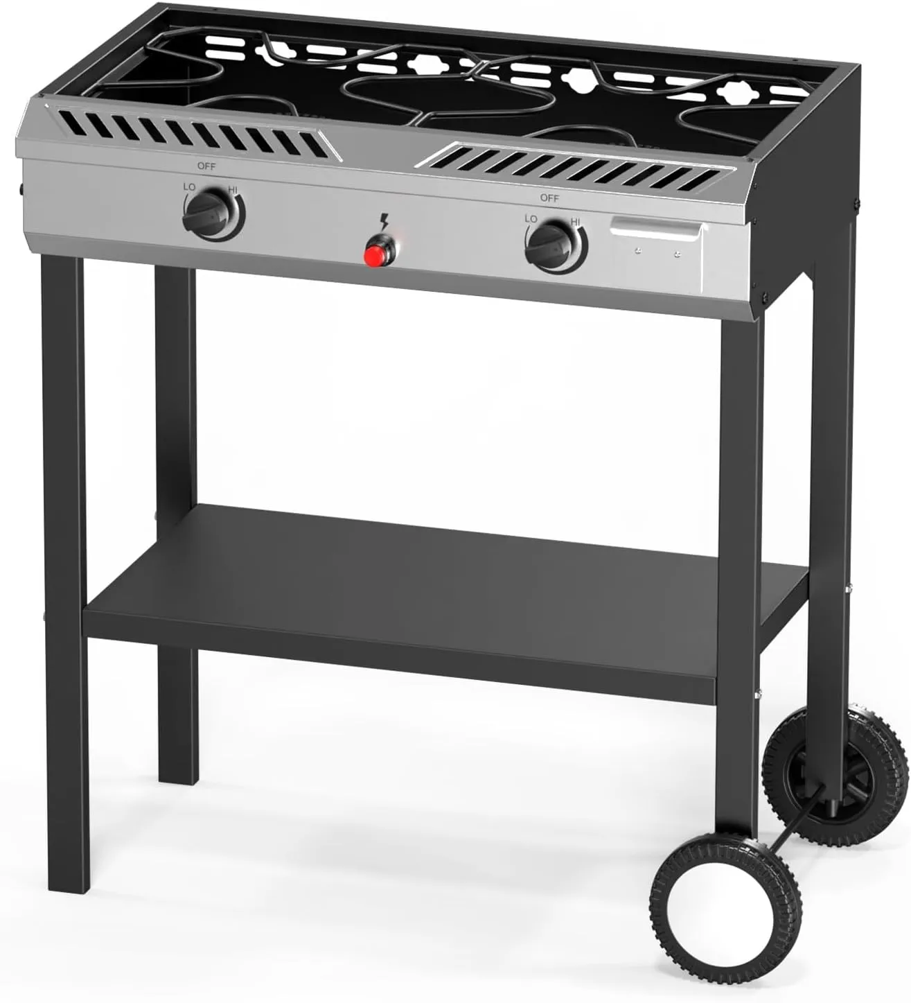 Bonnlo 2-Burner Propane Gas Stove with Auto Ignition, 150,000 BTU Portable Outdoor Camp Cooker Stove with Convenient Shelf & Smooth Rolling Wheels for Backyard, Camping, Tailgating, Patio Parties