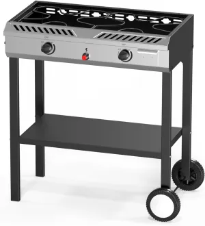 Bonnlo 2-Burner Propane Gas Stove with Auto Ignition, 150,000 BTU Portable Outdoor Camp Cooker Stove with Convenient Shelf & Smooth Rolling Wheels for Backyard, Camping, Tailgating, Patio Parties