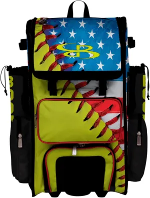 Boombah Superpack Hybrid Rolling Bat Bag - Wheeled & Backpack Version - USA Softball Classic Optic Yellow/Royal Blue/Red