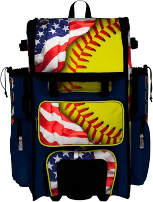 Boombah Superpack Hybrid Rolling Bat Bag - Wheeled & Backpack Version - USA Softball Game Time Navy/Red/Optic Yellow