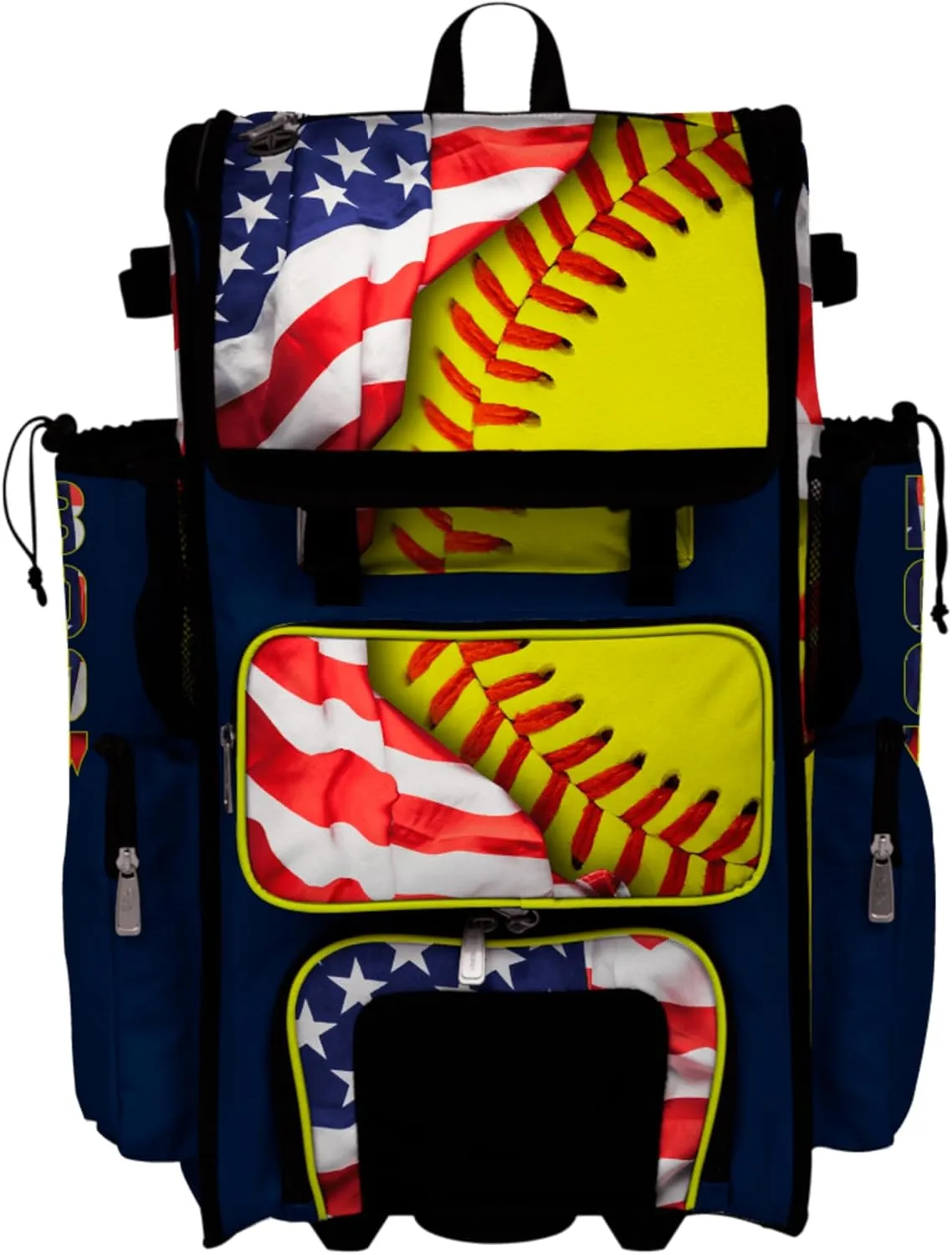Boombah Superpack Hybrid Rolling Bat Bag - Wheeled & Backpack Version - USA Softball Game Time Navy/Red/Optic Yellow