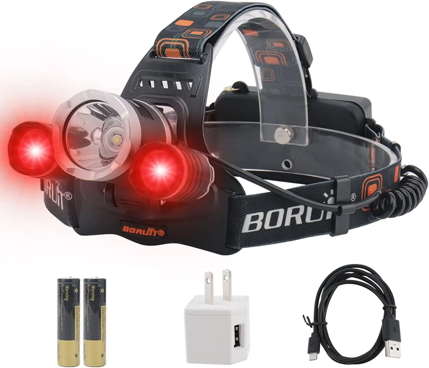 BORUIT RJ-3000 LED Rechargeable Headlamp,3 Modes White and Red LED Hunting Headlamps,Super Bright Tactical Flashlight Red Light Head Lamp for Running Camping Hiking Fishing