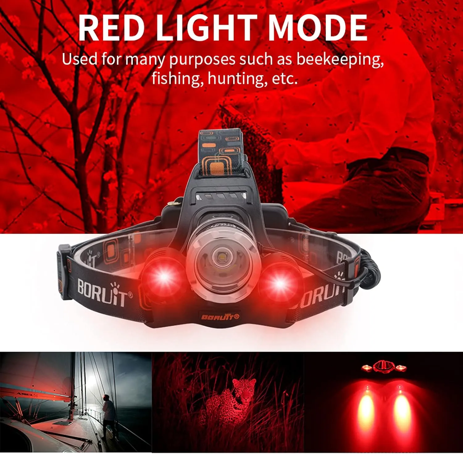 BORUIT RJ-3000 LED Rechargeable Headlamp,3 Modes White and Red LED Hunting Headlamps,Super Bright Tactical Flashlight Red Light Head Lamp for Running Camping Hiking Fishing