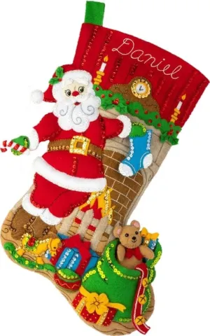 Bucilla Felt Applique 18" Stocking Making Kit, Fireplace Santa, Perfect for DIY Arts and Crafts, 89455E