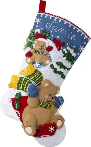 Bucilla Felt Applique 18" Stocking Making Kit, Sledding Bears, Perfect for DIY Arts and Crafts, 89555E