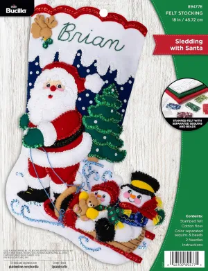 Bucilla Felt Applique 18" Stocking Making Kit, Sledding with Santa, Perfect for DIY Arts and Crafts, 89477E