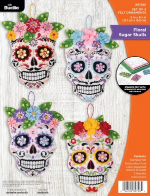 Bucilla, Floral Sugar Skulls, Felt Applique 4 Piece Ornament Making Kit, Perfect for DIY Arts and Crafts, 89726E