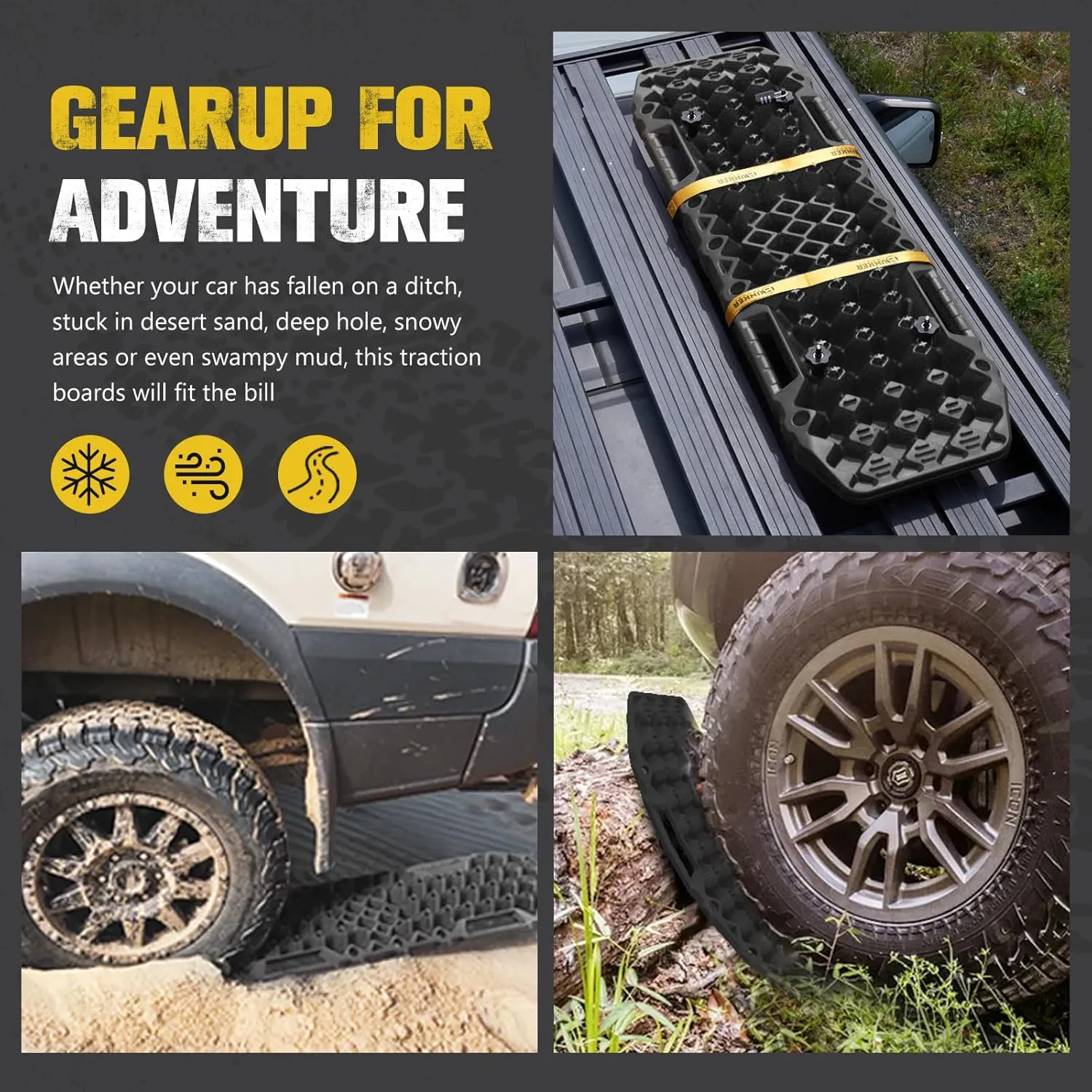 BUNKER INDUST Gen 7th Traction Boards with Mounting Kit, Pair Offroad Recovery Tracks with Jack Base for 4X4 Jeep Truck Tire Traction-Sand,Mud, Snow Ramps (Black)