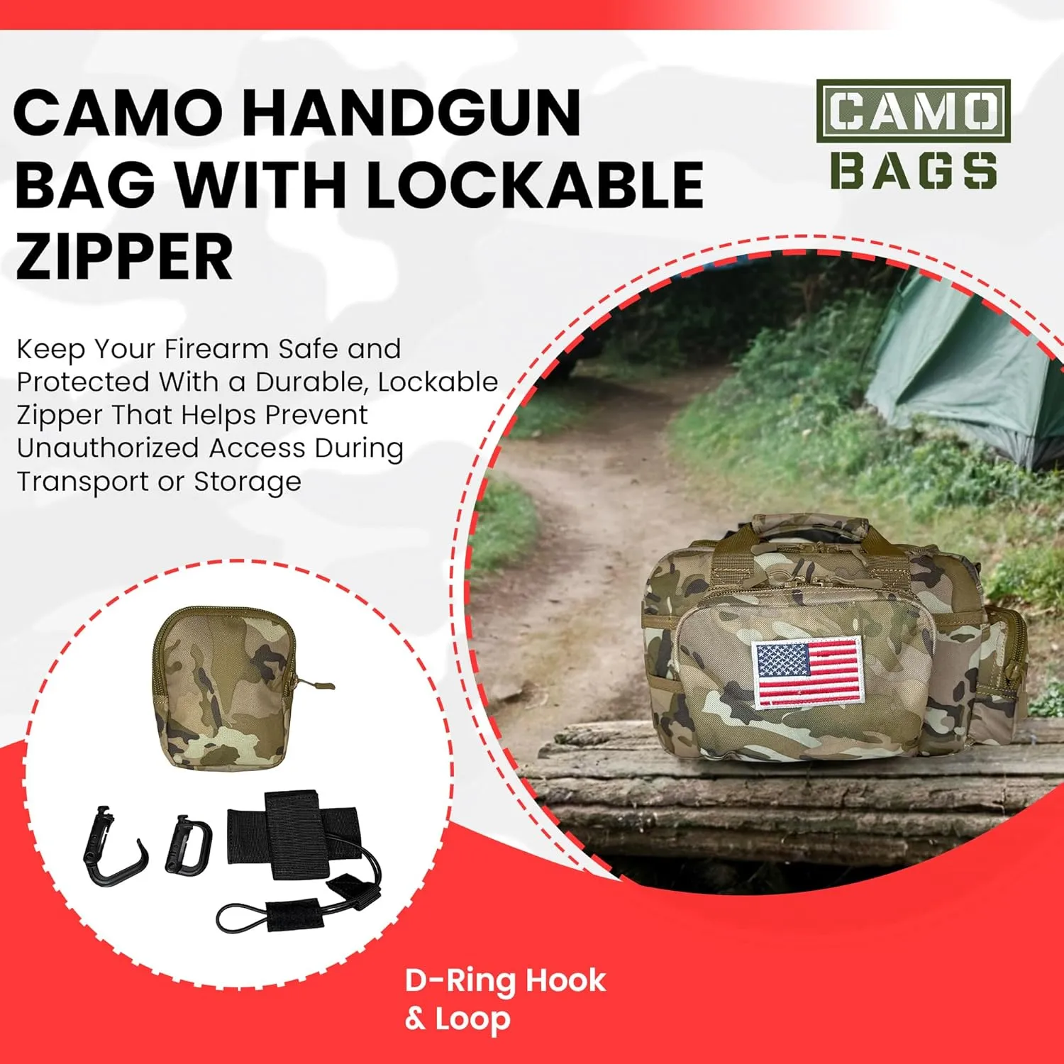 Camo Handgun Bag | 1000D Polyester Tactical Bag - with Lockable Zippers | Hook & Loop Handgrip & Padded Shoulder Strap