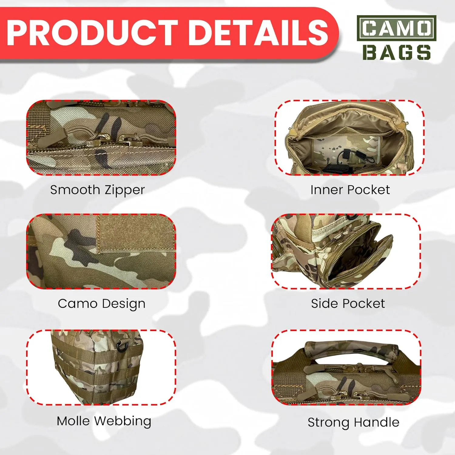 Camo Handgun Bag | 1000D Polyester Tactical Bag - with Lockable Zippers | Hook & Loop Handgrip & Padded Shoulder Strap