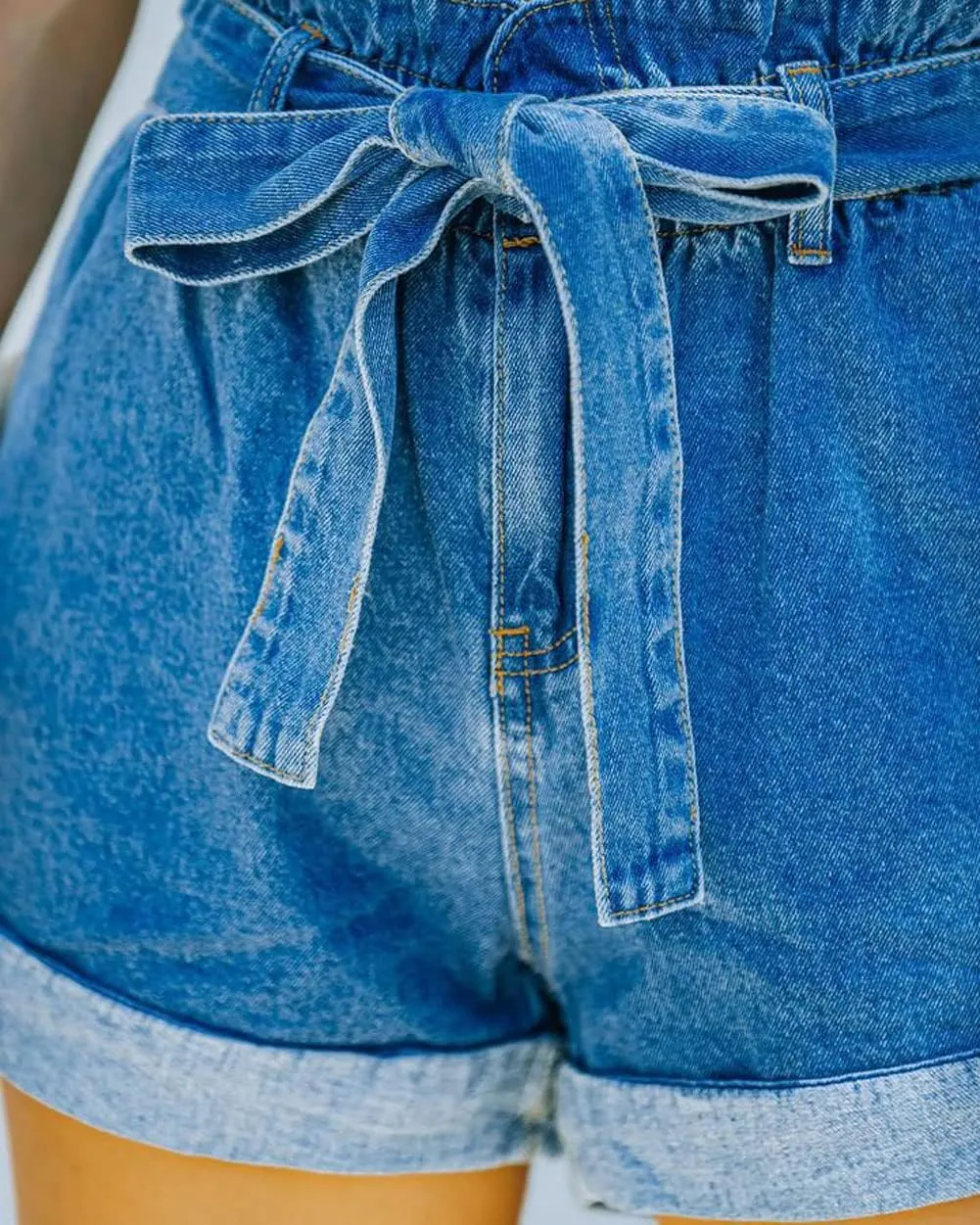 CHARTOU Women's Casual Elastic Tie Waist Paper Bag Roll Up Belted Denim Shorts Jeans