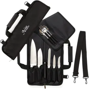 Chef's Roll Bag (6 Slots) - Padded, Holds 5 Knives, Plus Protected Pouch for Knife Steel - Includes Shoulder Strap, Handle, Business Card Holder