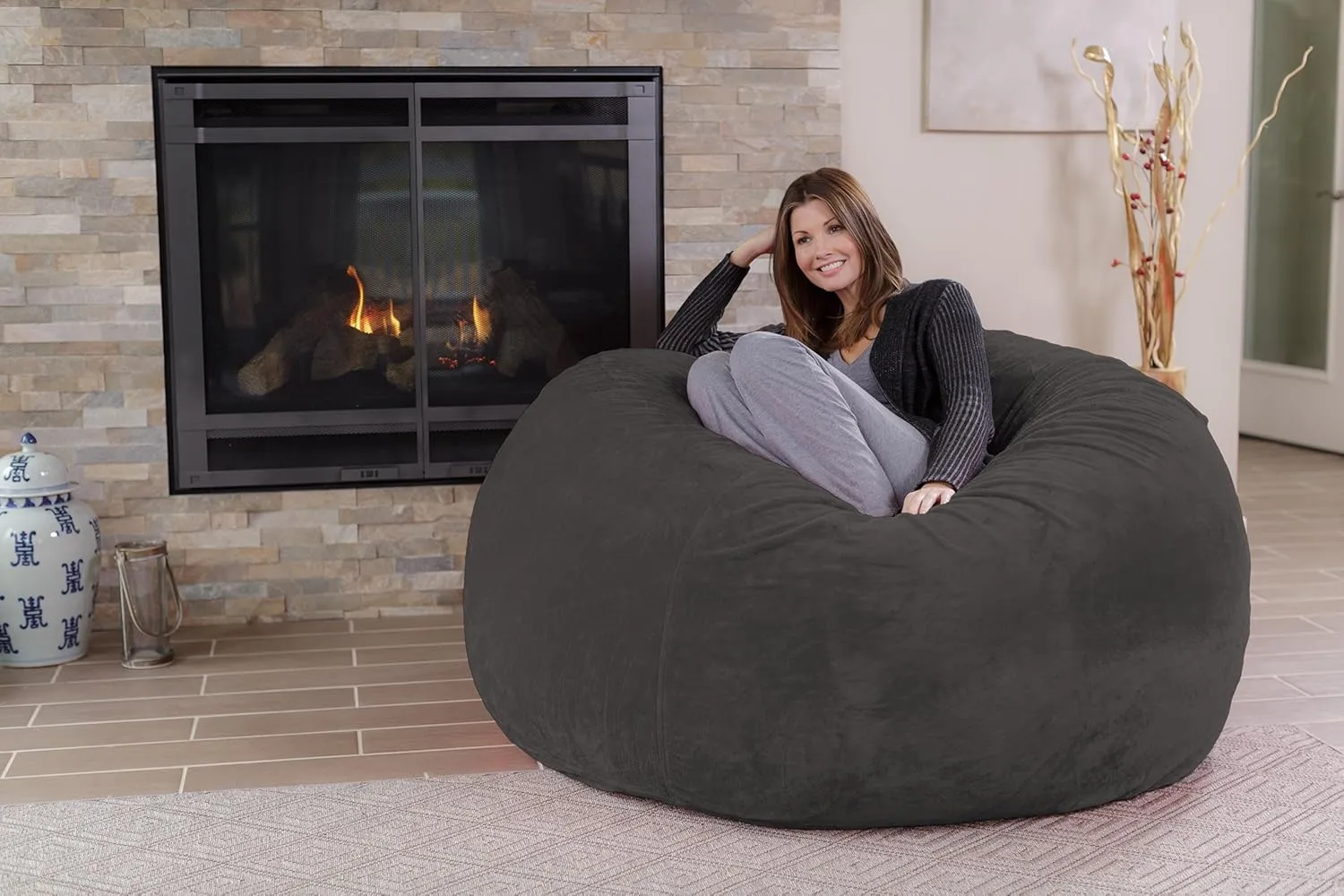 Chill Sack Bean Bag Chair: Giant 5' Memory Foam Furniture Bean Bag - Big Sofa with Soft Micro Fiber Cover - Grey Furry
