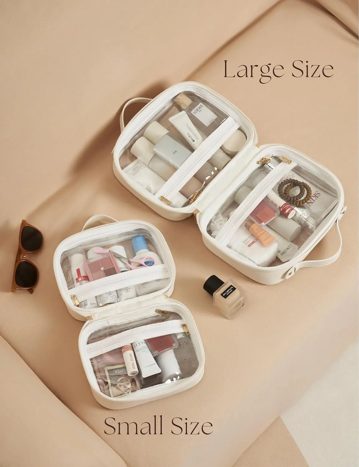 Clear Cosmetic Bag Double Layer Travel Toiletry Bag White Makeup Bag Case with 4 Compartments, Transparent Travel Bag for Toiletries, Large Toiletry Bag for Women Cosmetic Case (White)