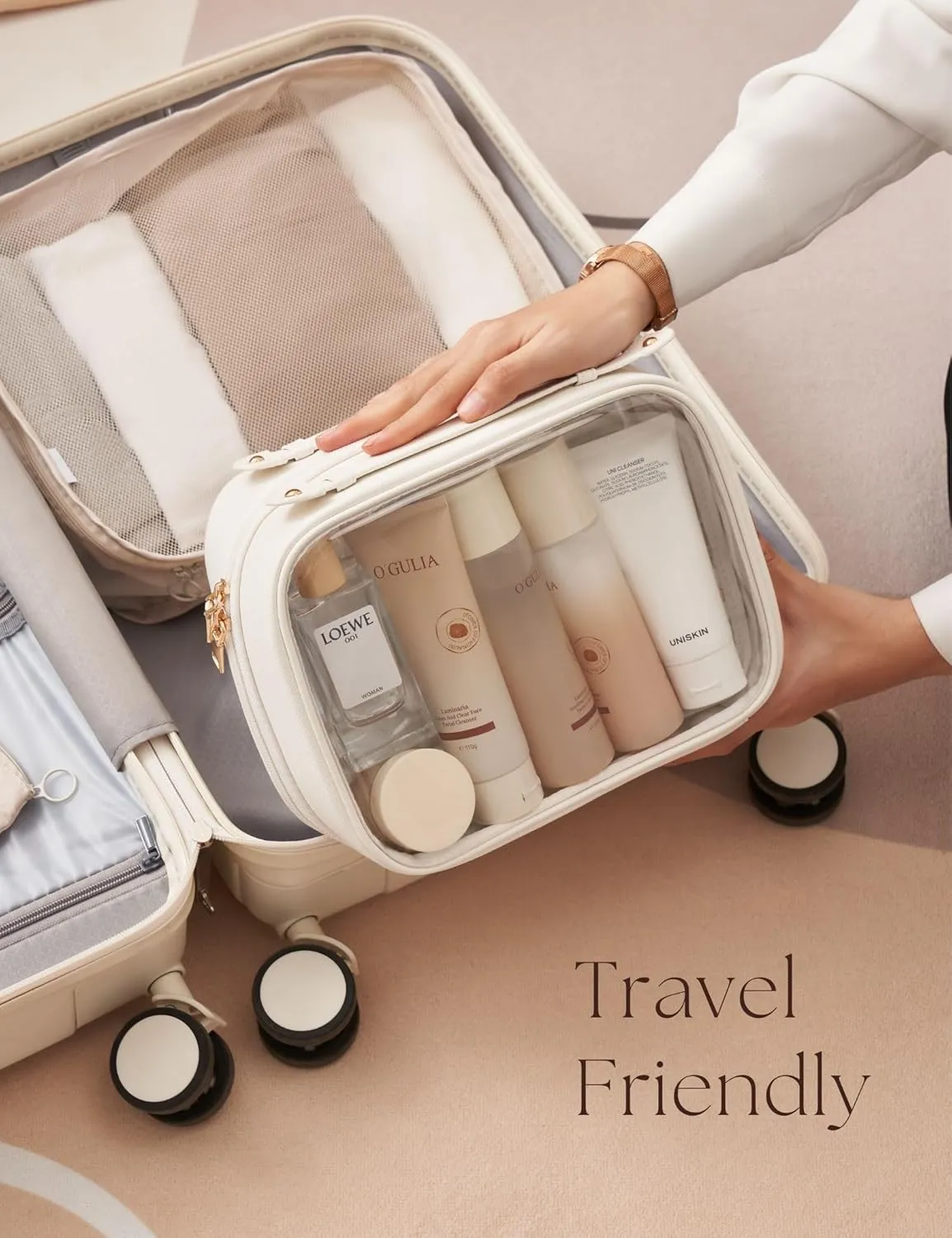 Clear Cosmetic Bag Double Layer Travel Toiletry Bag White Makeup Bag Case with 4 Compartments, Transparent Travel Bag for Toiletries, Large Toiletry Bag for Women Cosmetic Case (White)