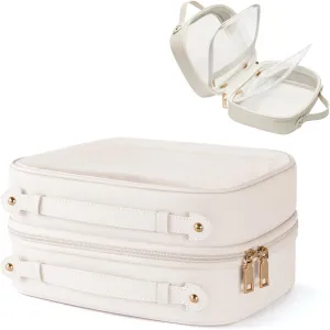 Clear Cosmetic Bag Double Layer Travel Toiletry Bag White Makeup Bag Case with 4 Compartments, Transparent Travel Bag for Toiletries, Large Toiletry Bag for Women Cosmetic Case (White)