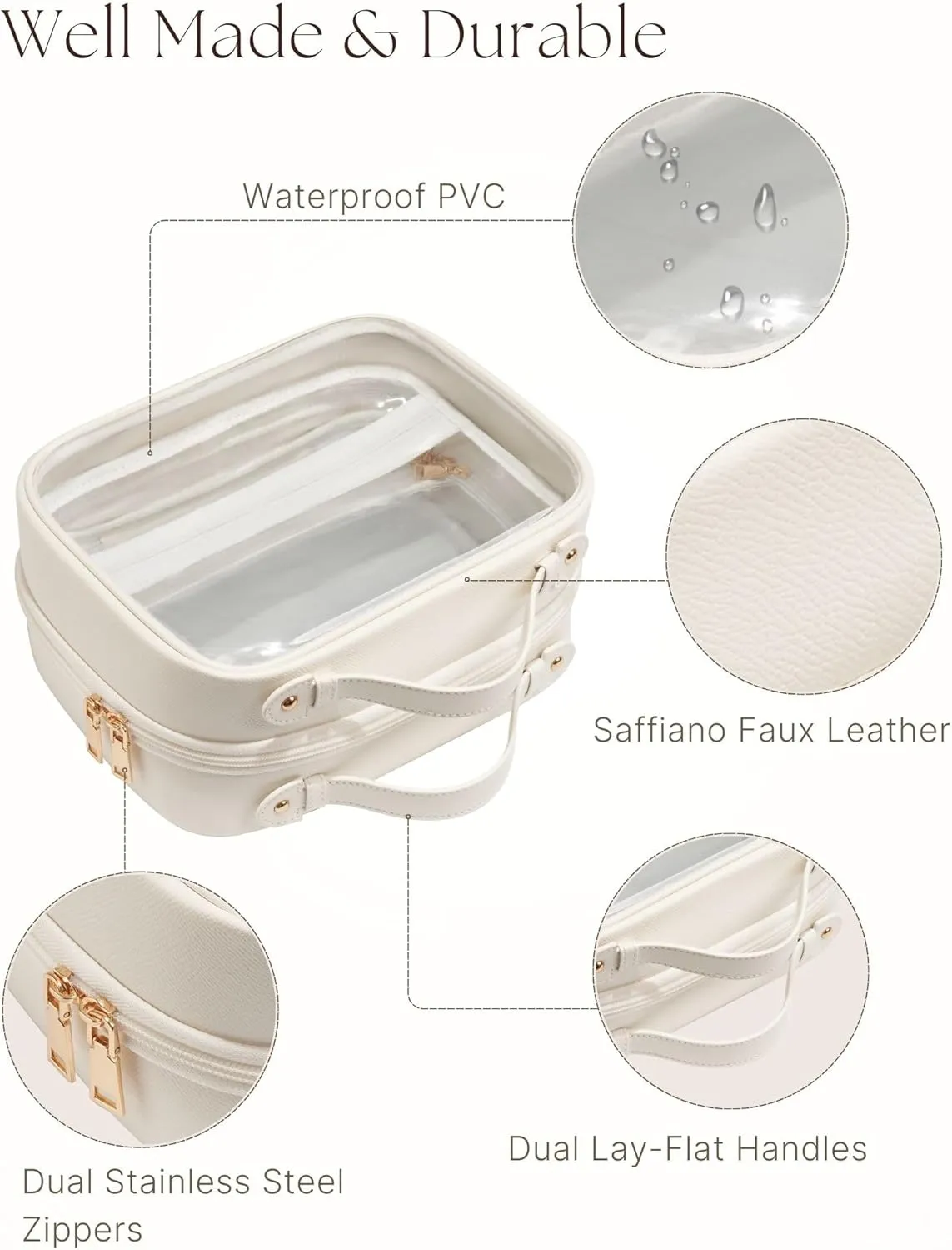 Clear Cosmetic Bag Double Layer Travel Toiletry Bag White Makeup Bag Case with 4 Compartments, Transparent Travel Bag for Toiletries, Large Toiletry Bag for Women Cosmetic Case (White)