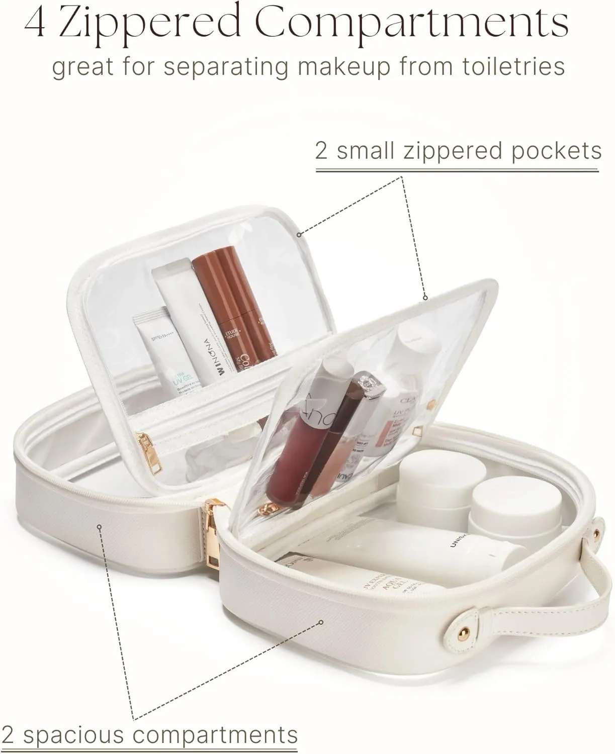 Clear Cosmetic Bag Double Layer Travel Toiletry Bag White Makeup Bag Case with 4 Compartments, Transparent Travel Bag for Toiletries, Large Toiletry Bag for Women Cosmetic Case (White)
