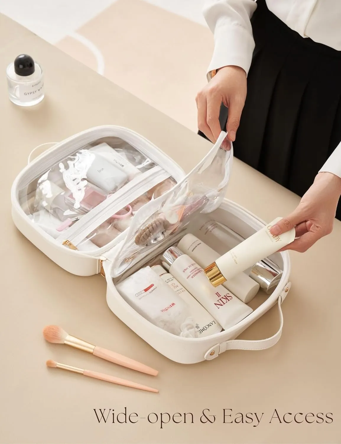 Clear Cosmetic Bag Double Layer Travel Toiletry Bag White Makeup Bag Case with 4 Compartments, Transparent Travel Bag for Toiletries, Large Toiletry Bag for Women Cosmetic Case (White)