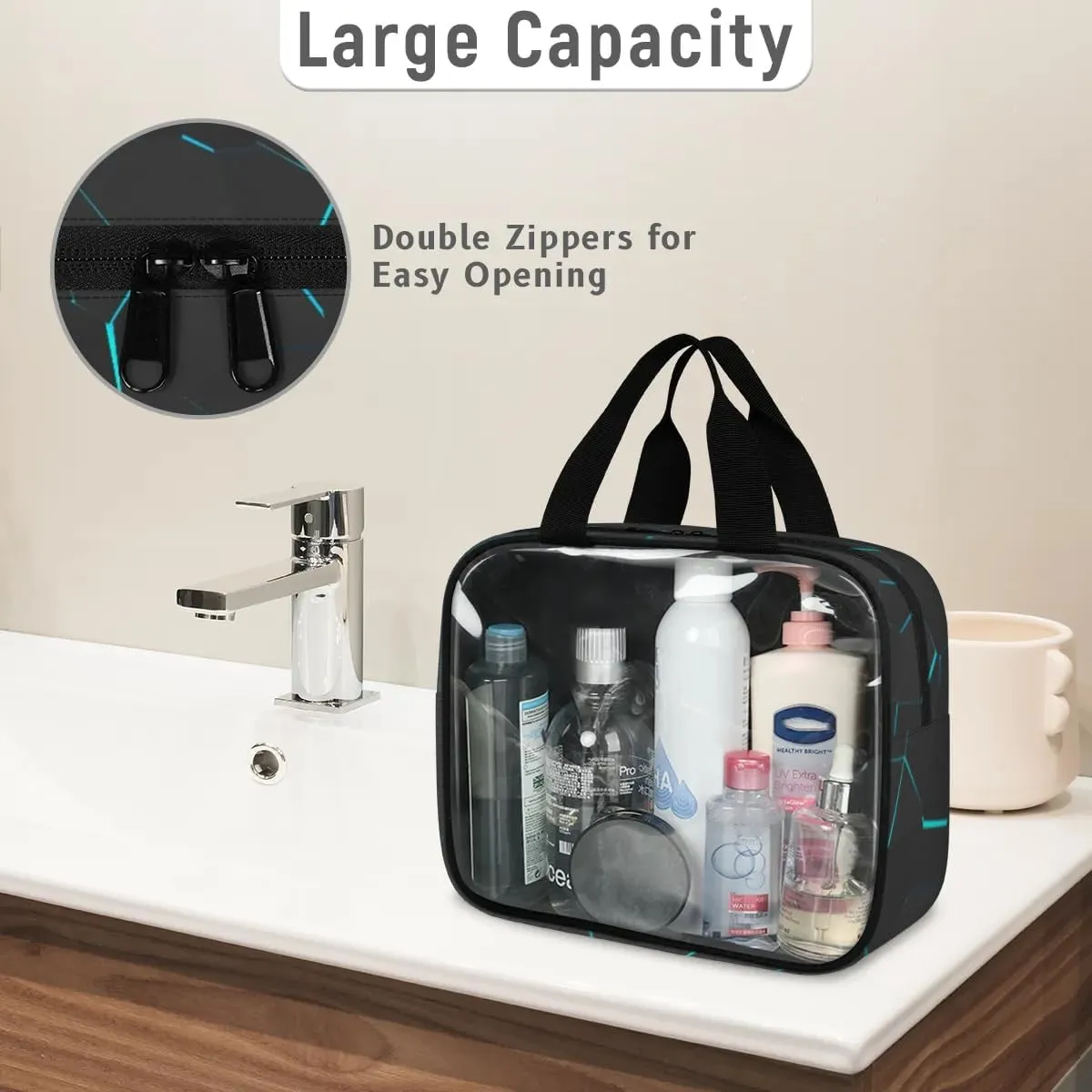 Clear Makeup Bag for Women Men, 3Pcs Transparent Cosmetic Bags Waterpoof Toiletries Set Portable Toiletry Bags with Zipper for Travel Bathroom(3D Football)