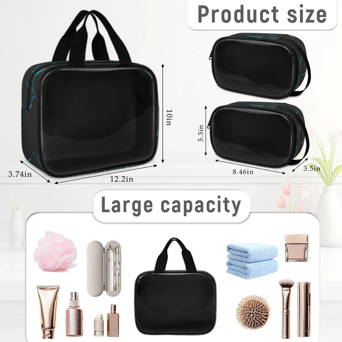 Clear Makeup Bag for Women Men, 3Pcs Transparent Cosmetic Bags Waterpoof Toiletries Set Portable Toiletry Bags with Zipper for Travel Bathroom(3D Football)