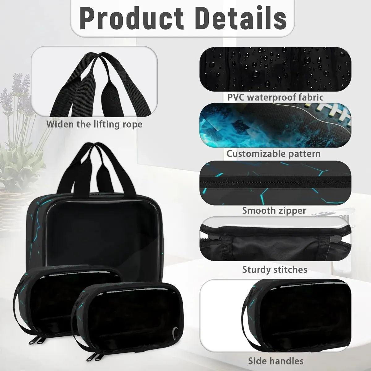 Clear Makeup Bag for Women Men, 3Pcs Transparent Cosmetic Bags Waterpoof Toiletries Set Portable Toiletry Bags with Zipper for Travel Bathroom(3D Football)
