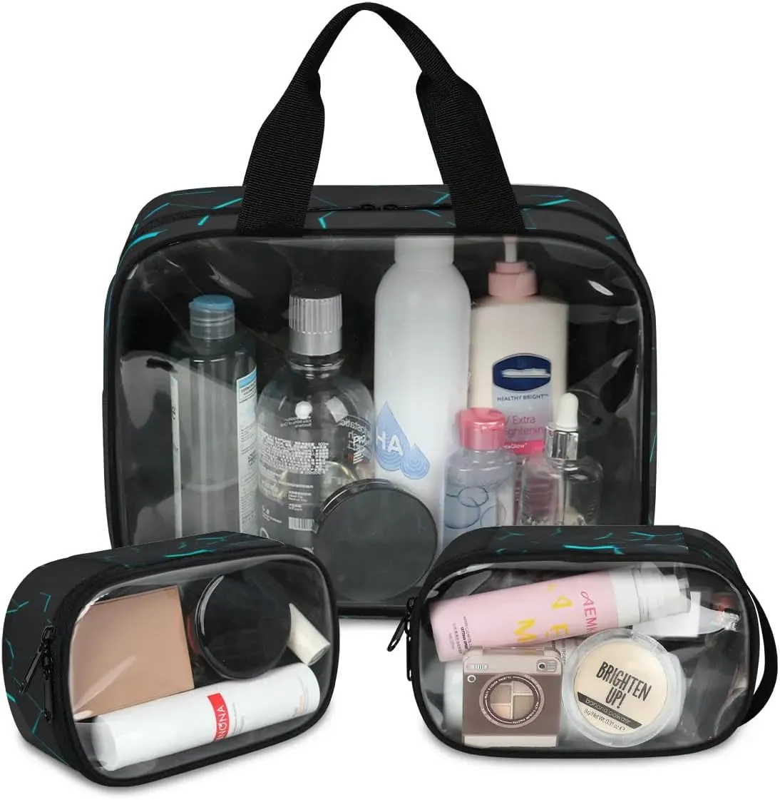 Clear Makeup Bag for Women Men, 3Pcs Transparent Cosmetic Bags Waterpoof Toiletries Set Portable Toiletry Bags with Zipper for Travel Bathroom(3D Football)