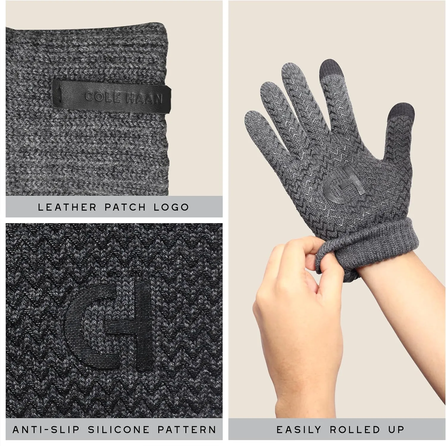 Cole Haan Knit Winter Gloves for Men, Touchscreen Thumb and Index Finger, Warm Functional Gloves with Non-Slip Grip