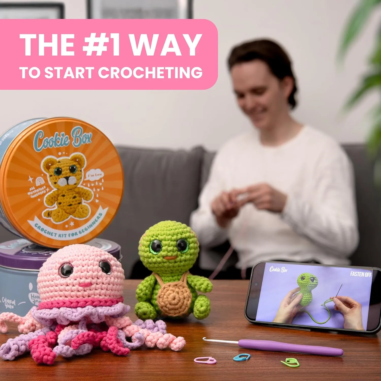 Cookie Box Crochet Kit for Beginners - Learn to Craft Amigurumi Stuffed Animals - Knitting Gift for Kids (13 ) and Adults - Beginner-Friendly Yarn - Stitch-by-Stitch Video Tutorial - Bunny Lola