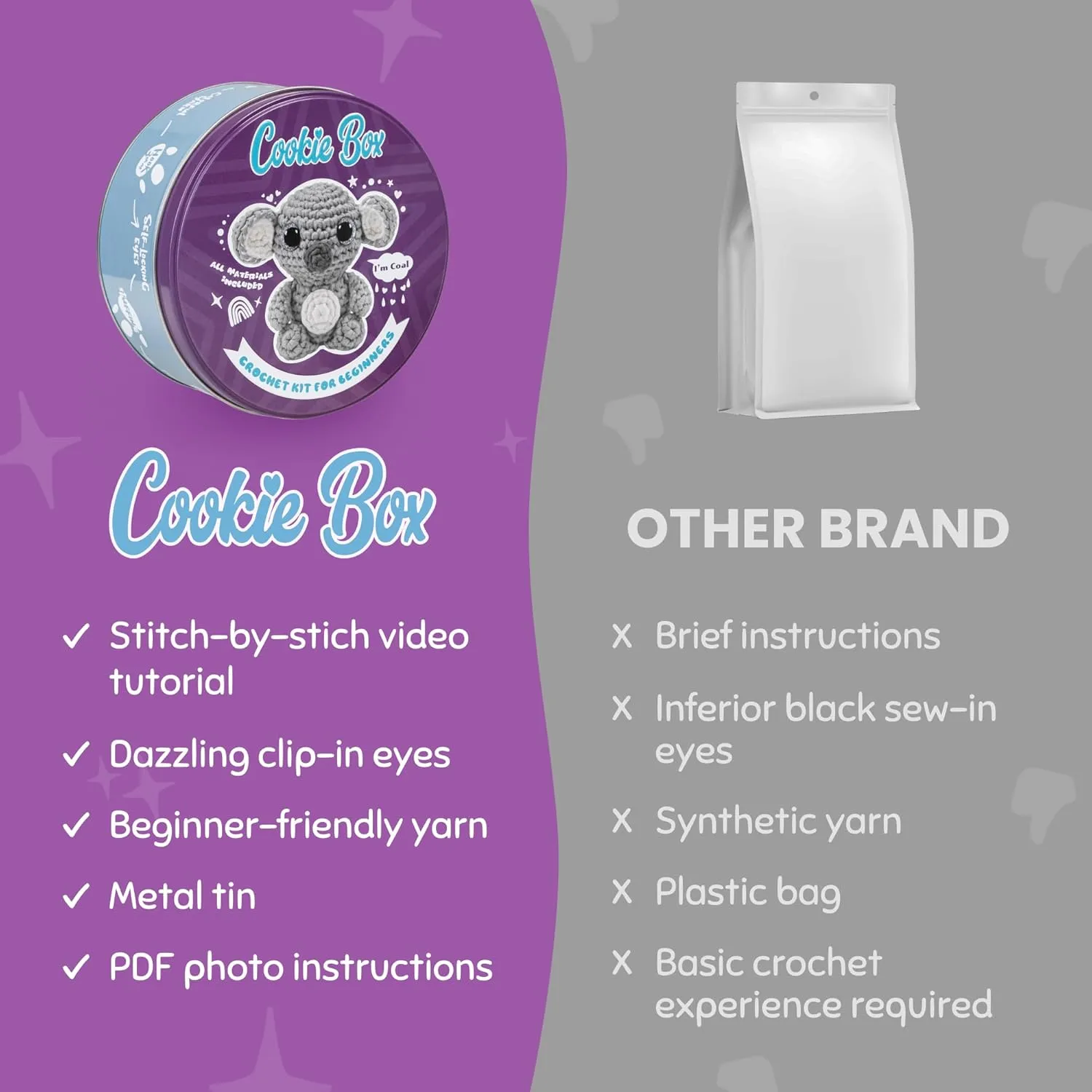 Cookie Box Crochet Kit for Beginners - Learn to Craft Amigurumi Stuffed Animals - Knitting Gift for Kids and Adults - Beginner-Friendly Yarn - Stitch-by-Stitch Video Tutorial - Koala Coal