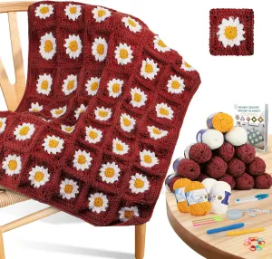 Coopay Crochet Kit Beginners for Blanket, Granny Squares Crochet Blanket Kit with Instructions & Enough Yarn, Complete Crochet Starter Kit Easy Learn to Crochet Blanket Kit for Adults (Roman Red)