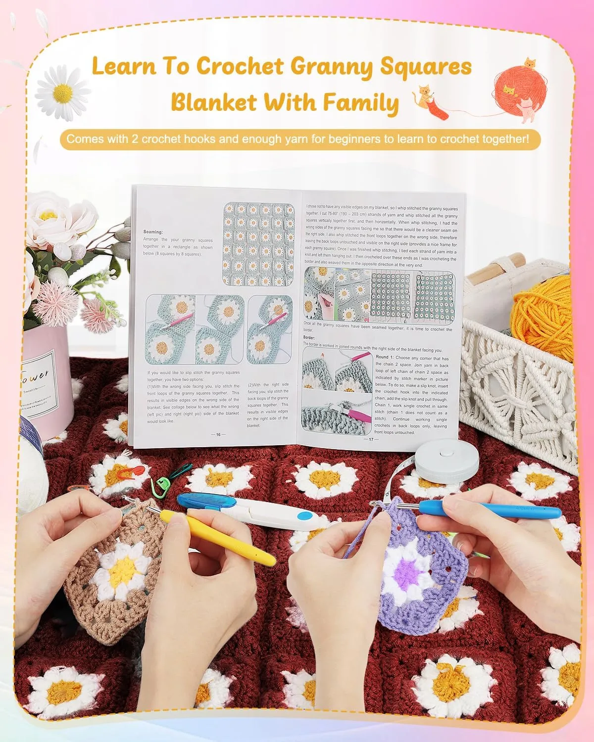 Coopay Crochet Kit Beginners for Blanket, Granny Squares Crochet Blanket Kit with Instructions & Enough Yarn, Complete Crochet Starter Kit Easy Learn to Crochet Blanket Kit for Adults (Roman Red)